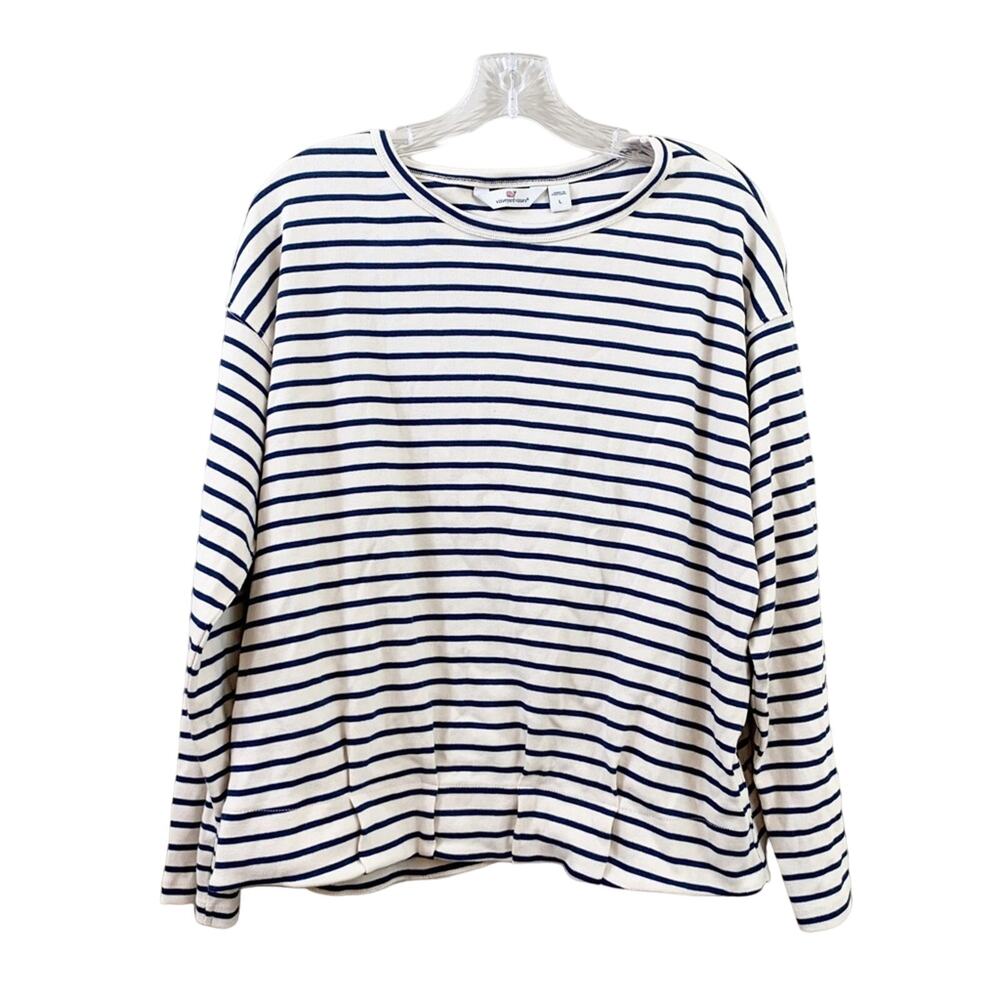 Vineyard Vines Striped Scoop Neck Cream/Navy Long Sleeve Pleated Hem Top